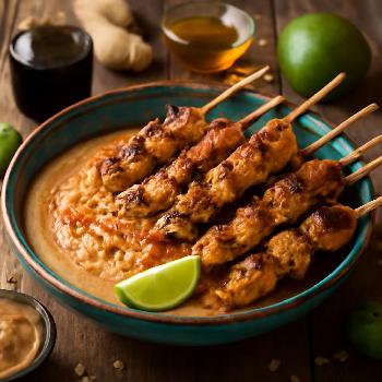 Baked Chicken Satay Skewers with Spicy Peanut Dip