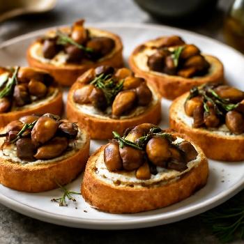 Creamy Goat Cheese Crostini with Roasted Garlic and Mushrooms