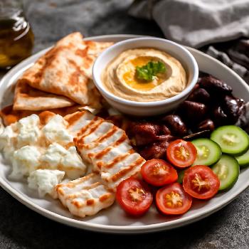 Mediterranean Cheese Board with Pita Bread and Hummus