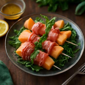 Prosciutto-Wrapped Melon Skewers with Arugula and Lemon Vinaigrette