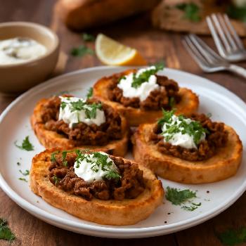 Spiced Lamb Crostini with Yogurt Sauce