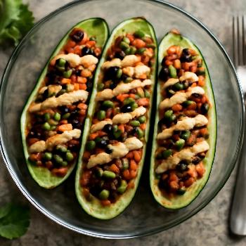 Spicy Black Bean & Corn Stuffed Zucchini Boats with Chipotle Crema