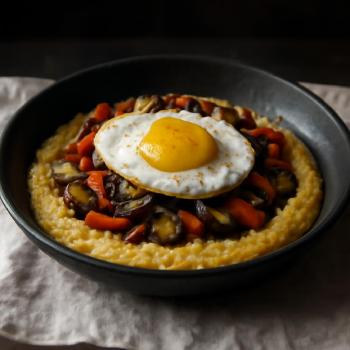 Savory Breakfast Polenta with Roasted Vegetables and Fried Egg