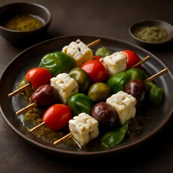 Feta and Olive Skewers with Lemon-Herb Dressing