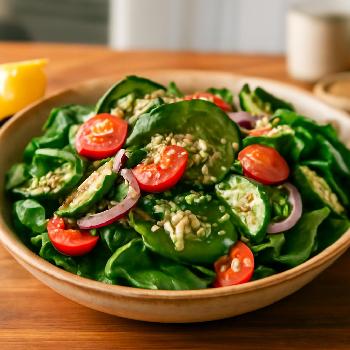 Hemp Seed & Spinach Salad with Lemon-Tahini Dressing