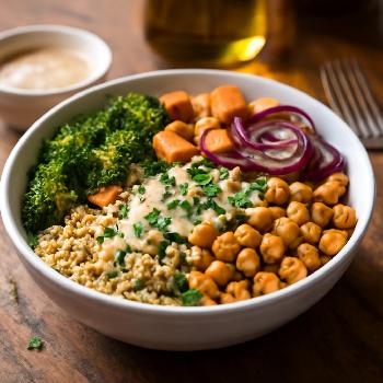 Quinoa Power Bowl with Roasted Vegetables and Tahini Dressing