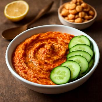 Spicy Red Pepper Hummus with Cucumber Slices