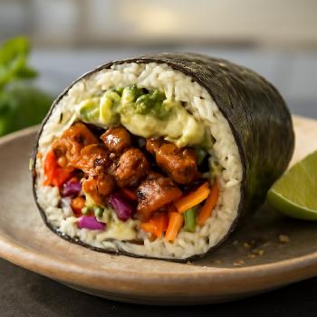 Teriyaki Chicken Sushi Burrito with Avocado Crema