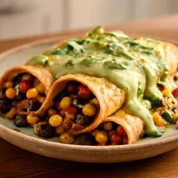 Black Bean and Corn Enchiladas with Creamy Avocado Sauce