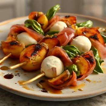 Grilled Peach and Prosciutto Caprese Skewers