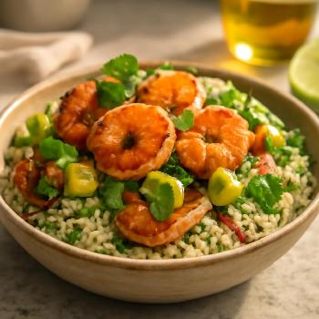 Spicy Shrimp and Avocado Cauliflower Rice Salad with Lime Dressing